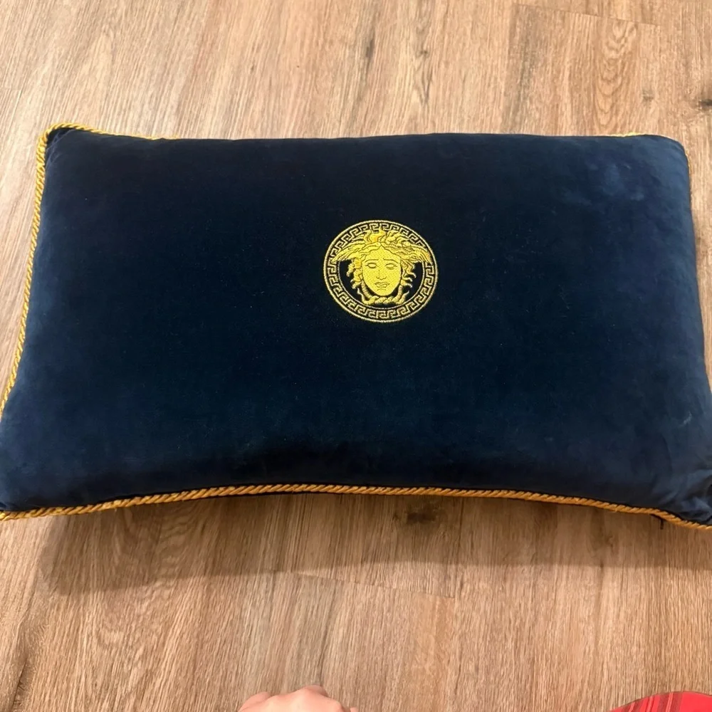 Gianni Versace Decorative Pillow Gold Embroidered Medusa Blue Velvet Designer